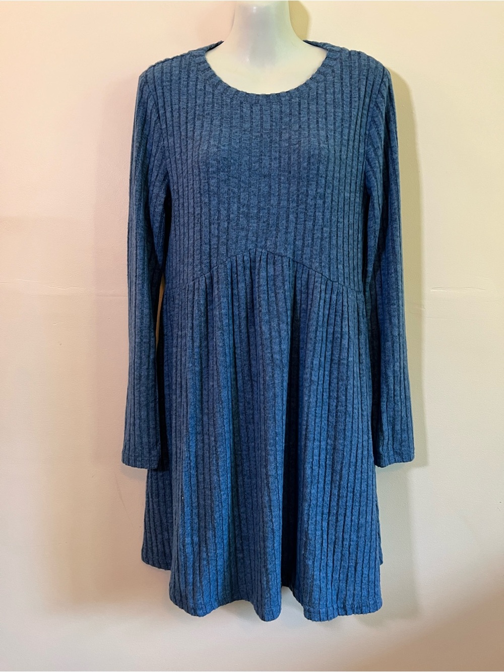 Girls' Ribbed Long-Sleeve Swing Dress - Blue